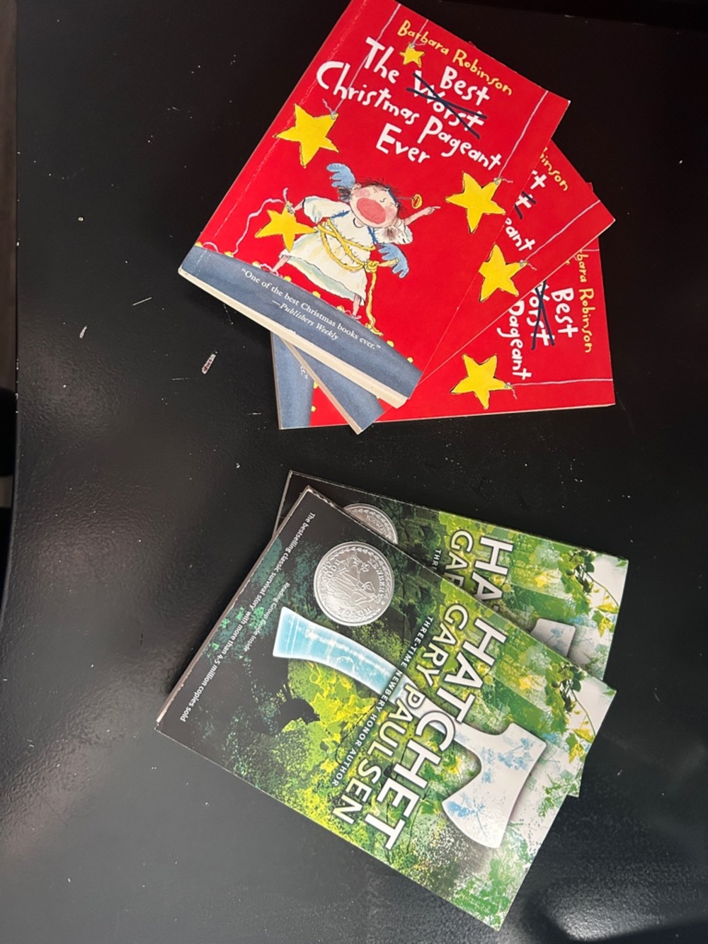 Hatchet by Gary Paulson, and The Beat Christmas Pageant Ever by Barbara Robinson